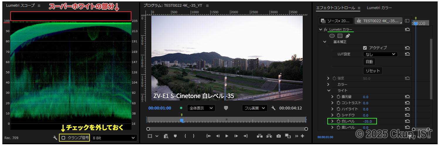 白レベルを-35.0まで下げて100%以内に収めた様子